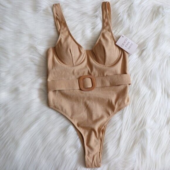 NWT Tan Ribbed Belted Bohemian One Piece Swimsuit Size Medium Bathing Suit - Picture 4 of 10